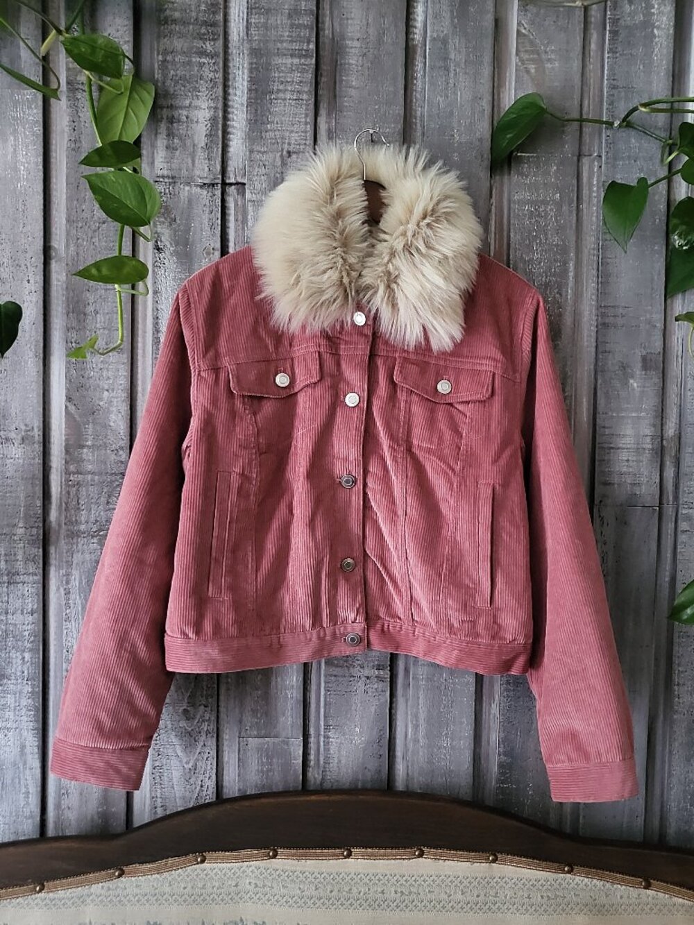 Pink Corduroy Jacket Removable Faux Fur Collar XL